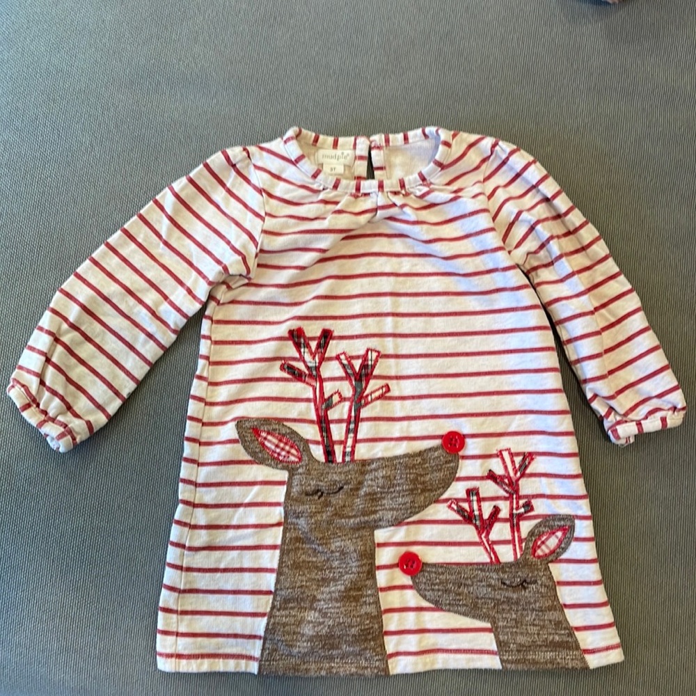 Mudpie 3T girls striped Christmas tunic with plaid reindeer